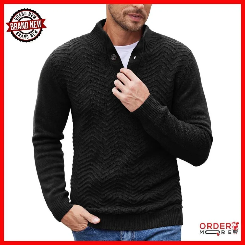 Men's Quarter Button Cable Knit Pullover Sweater Mock Neck Slim Fit